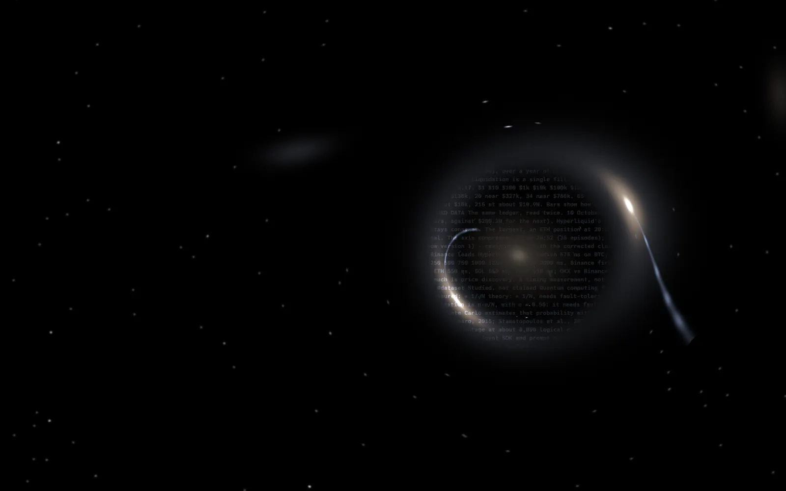 A gravitational lens on a dark sky. A faint galaxy sits at the centre; the light of one quasar behind it arrives twice, as a bright arc on one side and a smaller, fainter image on the other, with a blue jet running toward the lower right. Inside the lens, faint lines of this page's text.